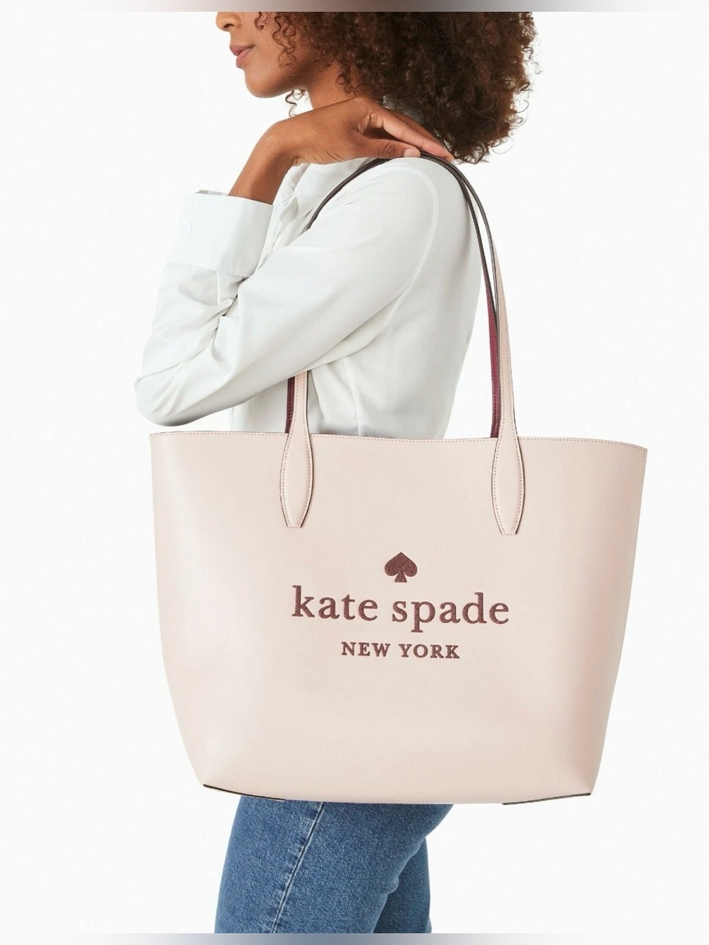 Kate Spade Large Reversible Leather Tote Pale Pink Pouch Burgundy K4742 EUC - Picture 3 of 6
